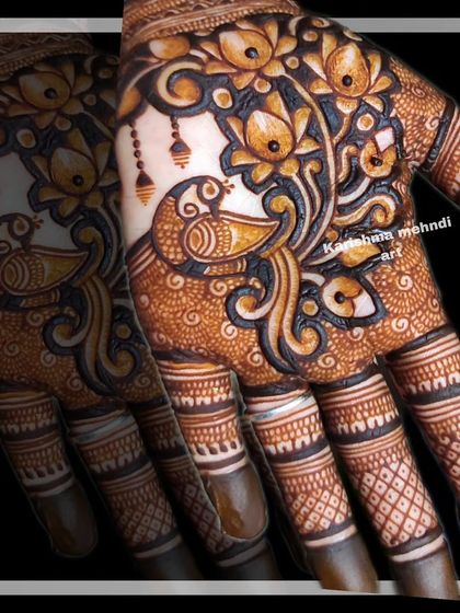 A close-up of a peacock motif. I focus on creating clean lines and detailed feather work to make these traditional figures elegant and expressive.