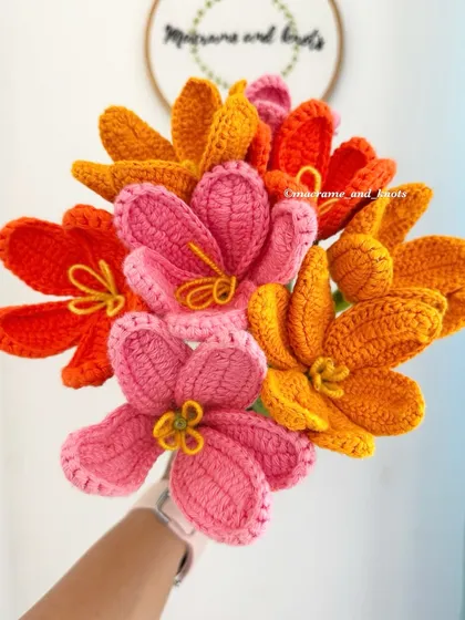 Here is a close-up look at my open-petal tulips. I love the vibrant mix of pink, orange, and yellow in this bunch, showing the detailed stitch work that goes into each handmade flower.