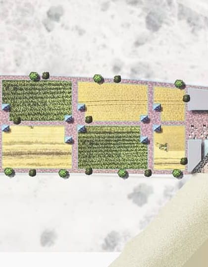A site plan for an eco-resort concept on the Gomti flood plains. The design proposes lightweight 'living pods' that float over agricultural fields, arranged in a linear pattern that minimally disturbs the existing landscape and ecosystem.
