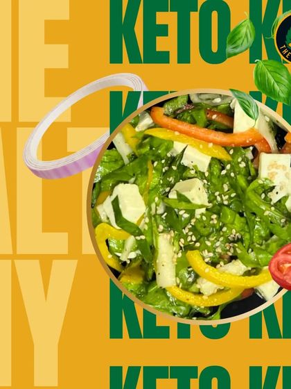 My new healthy menu includes delicious keto options. This graphic highlights a fresh keto salad with paneer, bell peppers, and greens.
