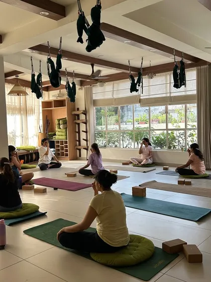 A moment of collective stillness in our sunlit Yogshala. This is where we begin or end our practice, sitting together in meditation to quiet the mind. The shared energy in these moments of silence is truly powerful.
