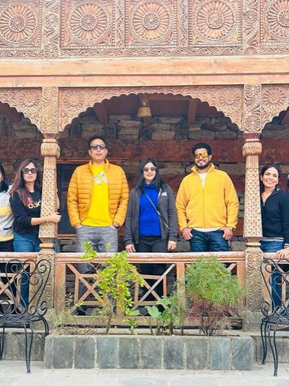 Our group at the historic Naggar Castle in Manali. The castle's intricate woodwork and stunning location provided a wonderful glimpse into the region's royal past.