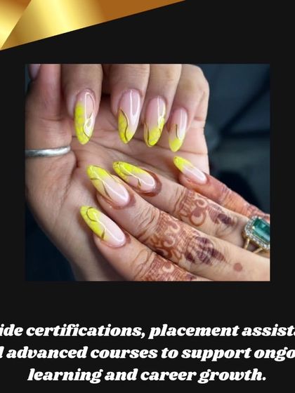 This trendy yellow and nude swirl design was done by a student. We provide placement assistance and ongoing support to help them launch their careers.