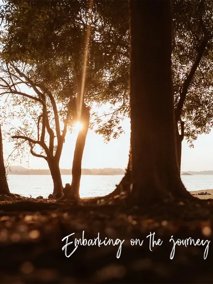 A beautiful scene-setting shot of the sun setting through trees by a lake, establishing a romantic and serene mood for a pre-wedding journey.