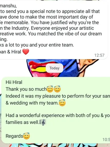 Nothing means more to me than a happy client. This message from Darpan and Hiral after their wedding events is why I do what I do. Knowing that we matched the vibe of their dream wedding and made it memorable is the greatest review we can receive.