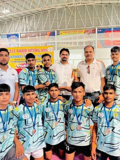 Our boys team in their official jerseys after a successful run at the C.B.S.E. Kabaddi Nationals.