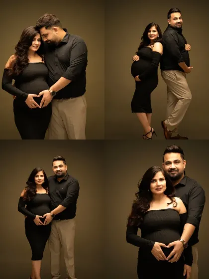 A four-panel collage of a couple in matching black outfits. It highlights different loving poses, including making a heart shape on the baby bump.