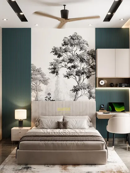 A guest bedroom render for ATS Rhapsody with a feature wall combining symmetrical fluted teal panels and a custom tree wallpaper. The design includes a workstation and a wardrobe with a detailed groove pattern.