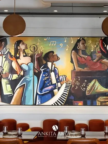 Another section of the Chilli Pop mural, this piece features a dynamic composition of musicians and singers, with musical notes flowing across the canvas.