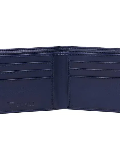 The interior of the navy blue bifold wallet, revealing multiple card slots on both sides and the embossed Vermello logo. The all-blue interior provides a sleek, uniform look.