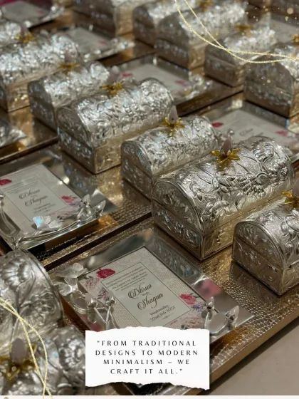 I believe a wedding invitation should be a keepsake. Here is a bulk order of our luxury brass invitations with a silver micron coating, each set on an elegant tray with a small chest. This is how you announce your special day with unparalleled grace.
