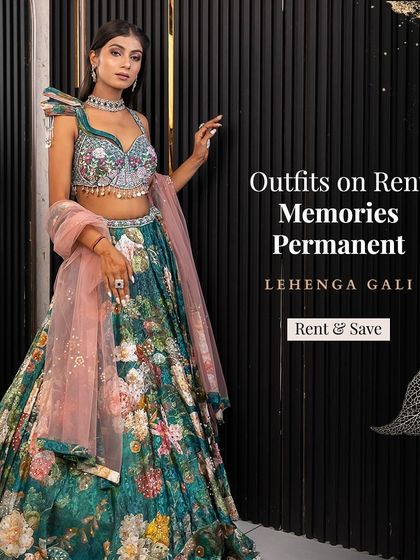 Outfits on rent, memories permanent. This green floral lehenga is a bestseller for Mehendi functions, offering a fresh and vibrant look.
