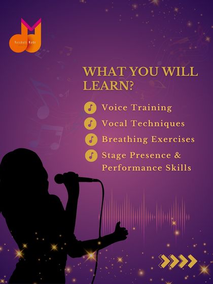 This graphic lists what you will learn in our singing classes. The curriculum includes voice training, vocal techniques, breathing exercises, and stage presence skills to make you a well-rounded performer.