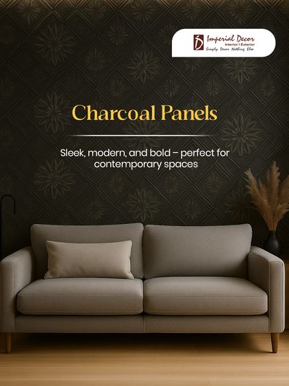 This living room features our sleek, modern, and bold charcoal panels. The dark, textured pattern creates a dramatic backdrop that is perfect for contemporary spaces that need a touch of elegance.