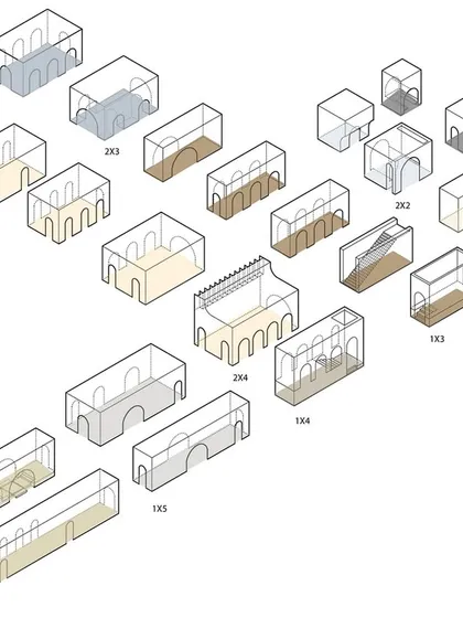 This axonometric drawing illustrates the 81 modular blocks that form the Dua Villa. While sharing materials, each module has unique proportions and lighting, creating varied spatial experiences and avoiding uniformity.