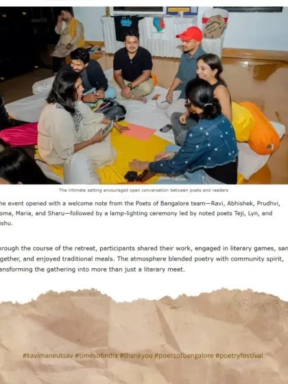 Another snapshot from the press coverage, showing an intimate group session. The article notes how the event opened with a traditional lamp-lighting ceremony, blending literary arts with community spirit.