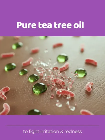 This graphic illustrates how pure tea tree oil works. I include it in my Charcoal Facewash to fight the irritation, redness, and bacteria that cause acne.