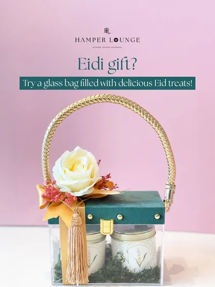 Looking for a unique Eidi gift? This elegant glass bag, with its golden handle and tassel, is filled with delicious Eid treats and makes for a very stylish and modern present.