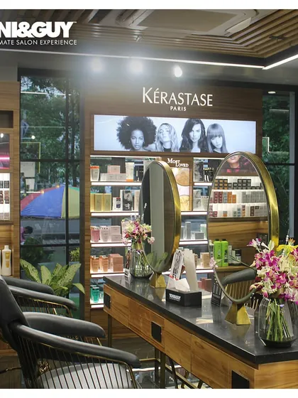 The styling station at our Lucknow salon. We combine elegant decor with professional-grade tools and products to create the perfect environment for your hair transformation.