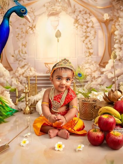 Blessed by the peacock. In this beautifully composed shot, a majestic peacock looks over the baby dressed as Lord Karthikeya, surrounded by offerings of fruit.