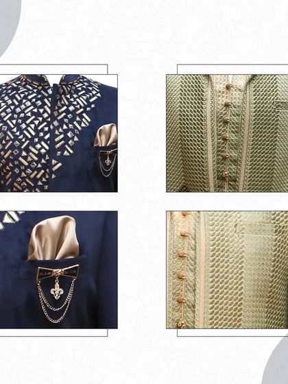 A collage showing details of two different Indo-Western outfits, one in navy blue and one in a textured green, both perfect for making a bold statement.