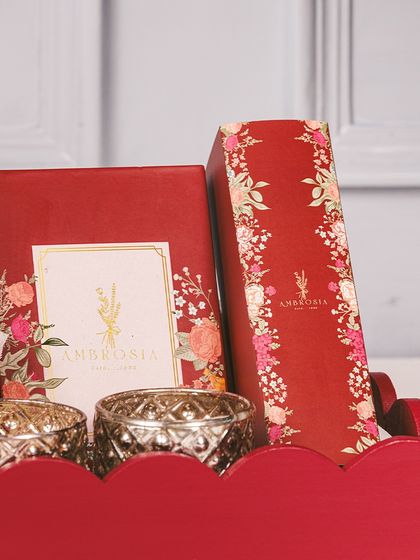 A closer view of the elegant, floral-themed boxes used in our Diwali hampers, designed to make your gift feel luxurious and special.