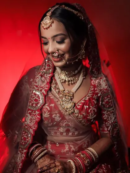 A dramatic, beautifully lit shot of the bride, her traditional updo adding to the regal and timeless quality of the moment.
