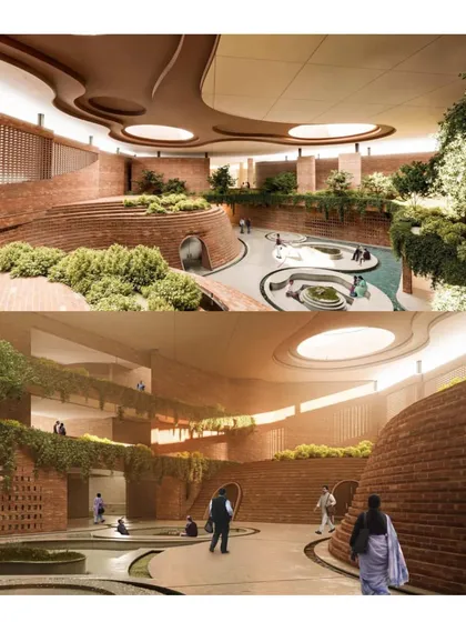 Renderings of the school's interior courtyards, which are designed as un-built spaces for shared learning and social exchange, with flowing water channels and integrated seating.