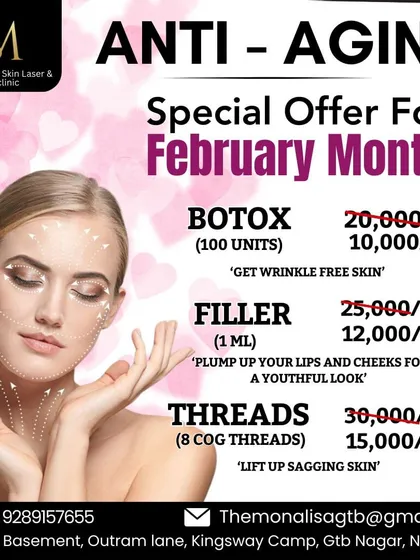 Take advantage of our special monthly offers on anti-aging treatments. We provide Botox for wrinkle-free skin, fillers to plump lips and cheeks, and threads to lift sagging skin.
