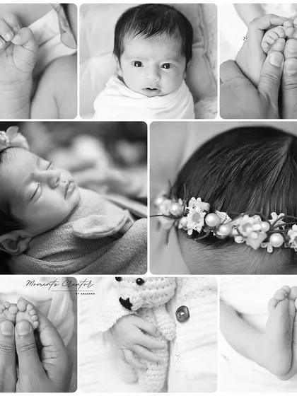 A beautiful black and white collage of newborn details. This collection of images captures the tiny hands, feet, and facial features that make every baby unique.