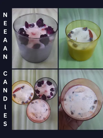 A collage of our handcrafted jar candles, each a little world of fragrance, flowers, and sparkles.