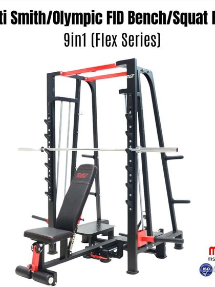 Our 9-in-1 machine configured for a bench press. The adjustable bench and Smith machine bar allow for safe and effective pressing movements.