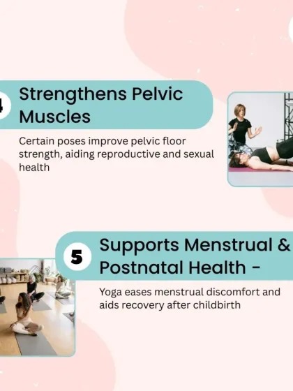 Continuing the series, this graphic explains how yoga strengthens pelvic muscles for better reproductive function and supports both menstrual and postnatal health by easing discomfort and aiding recovery.