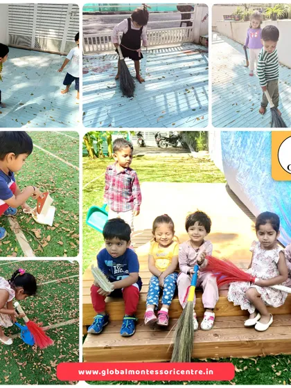Our little ones take pride in keeping their environment clean. Sweeping leaves is a practical life activity that teaches responsibility and care for their community space.
