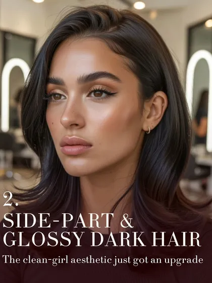 The clean-girl aesthetic gets an upgrade with this side-part and glossy dark hair look. A simple, solid, high-shine color can be incredibly impactful, creating a polished and sophisticated style.
