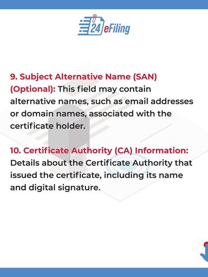 An optional field, the Subject Alternative Name (SAN), can contain other identifiers like email addresses or domain names. The certificate also includes details about the Certificate Authority (CA) that issued it.