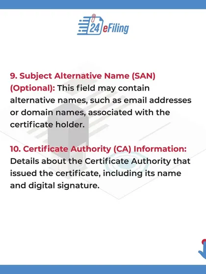 A DSC may contain optional fields like Subject Alternative Name (SAN) for other associated emails or domains. It also includes detailed information about the Certificate Authority (CA) that issued it.