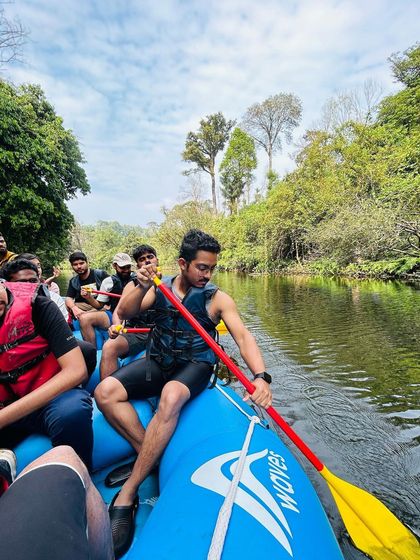Our group enjoying river rafting, an add on activity with the Kumara Parvatha trek.