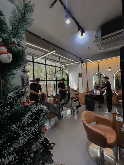 Our salon decorated for Christmas, a festive and happy time for our team and clients.