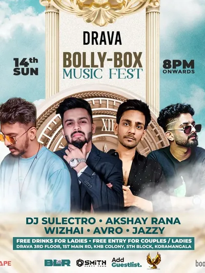 The official poster for Bollybox Music Fest, showcasing a massive lineup for a Sunday night.