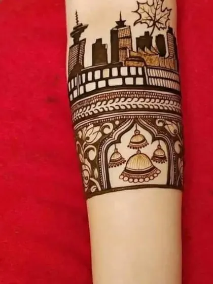 I can create completely custom designs to tell your unique story. This client wanted to blend traditional Indian jhumka motifs with a modern city skyline, representing her personal journey.