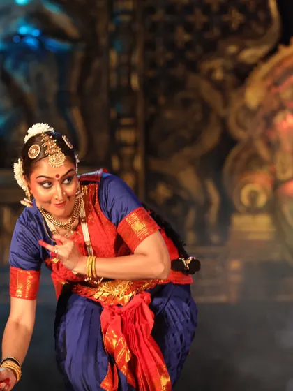 A mischievous expression while portraying the character of Lord Krishna. Abhinaya is all about getting into the skin of the character and conveying their personality through your face and body language.