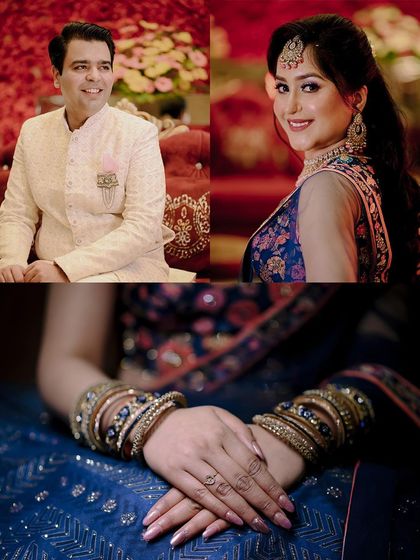 A collage from Pooja and Saksham's engagement, featuring portraits of the couple and details of the bride's bangles.