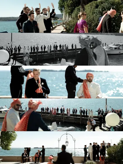 A collage capturing the vibrant baraat arriving by boat on Lake Garda, Italy. This shows how I document every unique aspect of a destination wedding, telling a complete story of the day.
