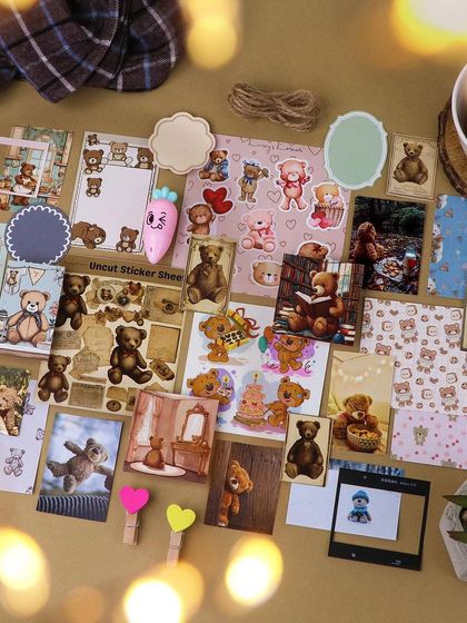 The adorable Teddy Bear journaling kit, filled with cute bear illustrations and cozy-themed ephemera.