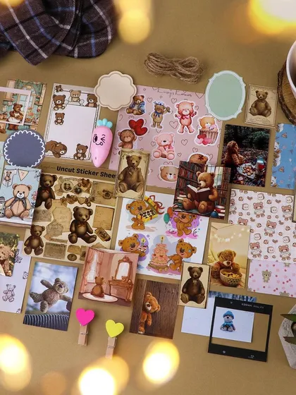 The adorable Teddy Bear journaling kit, filled with cute bear illustrations and cozy-themed ephemera.