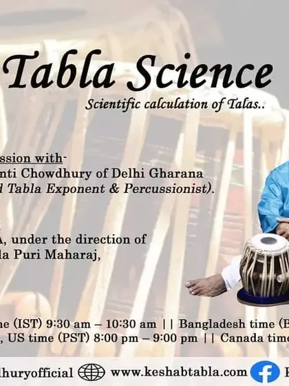 An announcement for my "Tabla Science" session, focusing on the scientific and mathematical calculations of Talas and Layas. In these workshops, I demonstrate these concepts through solo recitals in common and complex rhythmic cycles.