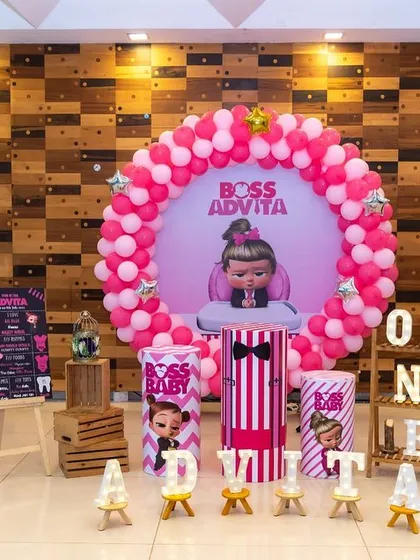 We bring your child's favorite characters to life. This 'Boss Baby' themed first birthday party setup shows how we handle every detail, from the balloon arch to the personalized decor.