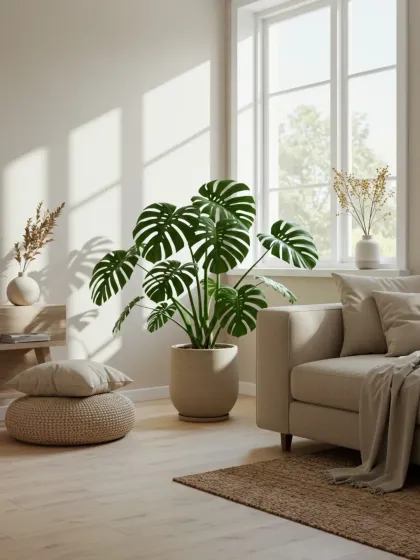 We provide only the highest quality plants, like this flawless Monstera Deliciosa. Its large, dramatic leaves bring a touch of the tropics and sophisticated style to this sunlit, minimalist interior.