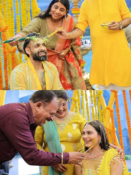 The Haldi ceremony is about family blessings. This collage captures the tender moments of family members applying turmeric to the bride and groom, sharing laughter and love.
